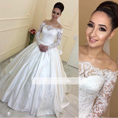 A-line Lace Long-Sleeves Sweep Train Off-the-Shoulder Wedding Dresses_1