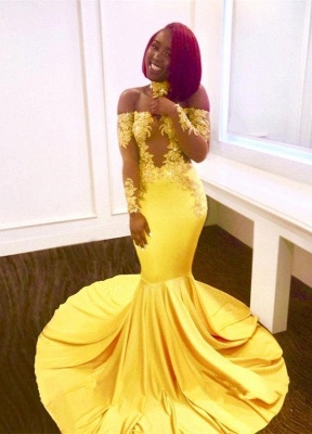 Shiny Yellow Mermaid Prom Dresses | Off-the-Shoulder Evening Gowns with Choker_2