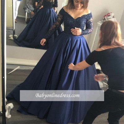 Navy-Blue Elegant Lace Long-Sleeves Off-the-Shoulder Prom Dress_1