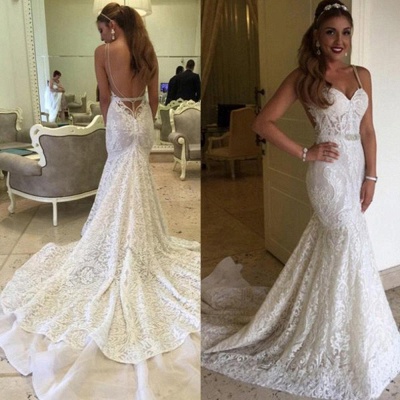 Elegant Backless Spaghetti Straps Mermaid Lace Wedding Dresses_3