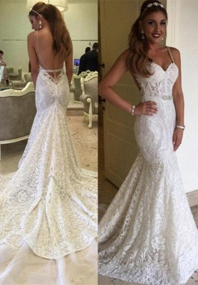 Elegant Backless Spaghetti Straps Mermaid Lace Wedding Dresses_2