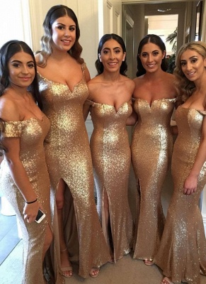 Sexy Gold Sequins Bridesmaid Dresses | Off the Shoulder Slit Maid of the Honor Dresses_1