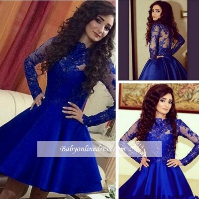 A-Line Cute Royal-Blue Short Lace Long-Sleeve Homecoming Dresses_1