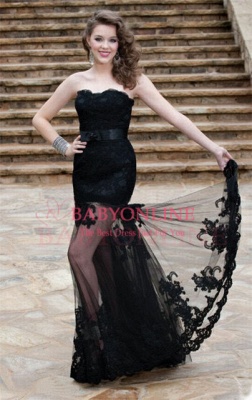 2021 New Sexy Prom Dresses Black Strapless Sleeveless Vestidos de Fiesta Lace Appliques Sheer Sash Party Gowns BO3554_1