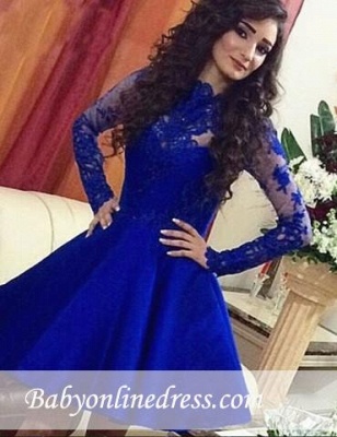 A-Line Cute Royal-Blue Short Lace Long-Sleeve Homecoming Dresses_3