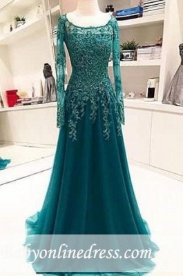 Scoop Beaded Lace A-Line Blue Long-Sleeves Appliques Evening Dress_3