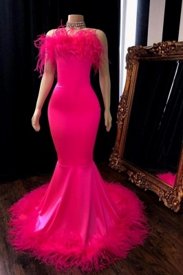Sexy Red One Shoulder Strapless Mermaid Floor Length Prom Dresses With Feather_1