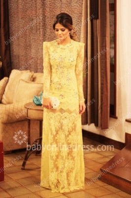 Gorgeous Prom Dresses Brightly Yellow Full Lace Crew Neckline Long Sleeves Floor Length Sheath Gowns_1