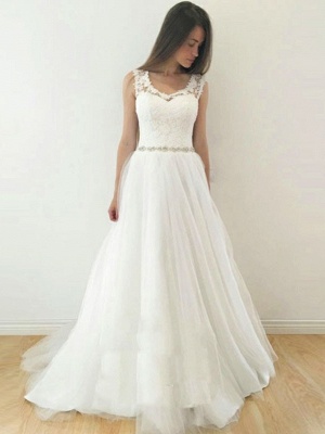 Simple Lace A-Line Wedding Dresses | Scoop Sleeveless Beaded Illusion Back Tulle Bridal Gowns_1