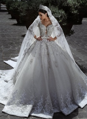 Gorgeous Ball Gown Wedding Dresses | Beading Long Sleeves Appliques Bridal Gowns_5