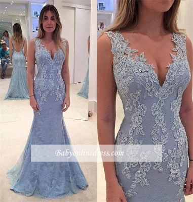 Backless V-neck Mermaid Floor-length Lace Blue Evening Dress_1