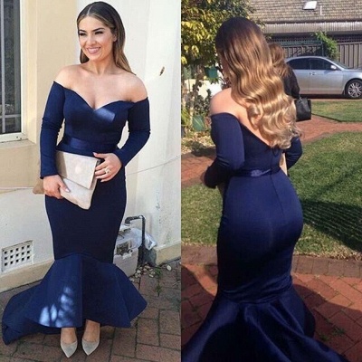Navy Blue Mermaid Prom Dresses 2021 Off the Shoulder Long Sleeves Plus Size Sexy Evening Gowns_3