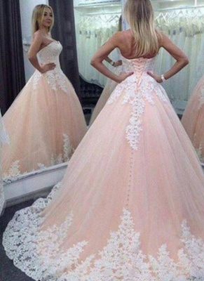 Pink Ball Gown Sweet 16 Dresses | Strapless White Appliques Quinceanera Dress_1
