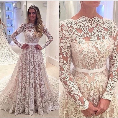 Bowknot Long-Sleeves A-Line Backless Lace Elegant Wedding Dresses_4