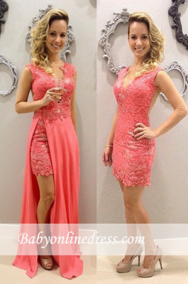 Pink Short Train Sleeveless Elegant Lace Chffion V-neck Detachable Evening Dresses_3
