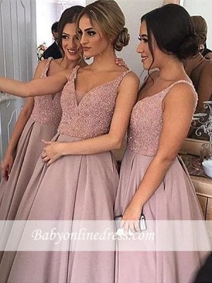 2021 Elegant V-Neck Sleeveless Floor Length Bridesmaid Dress with Beadings PT111_1
