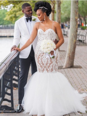 Glamorous Lace Mermaid Wedding Dresses | Spaghetti Straps Long Tulle Bridal Gowns_1