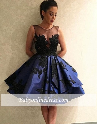 Lace A-line Knee-length Applique Dark-blue Evening Dress_5