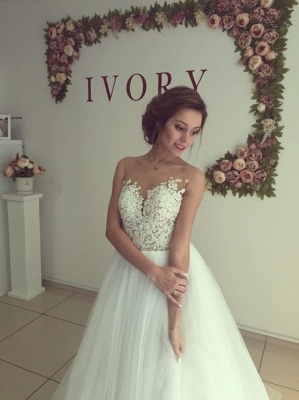 2021 A-line Wedding Dresses Sheer Lace Appliques Top Elegant Bridal Gowns_3