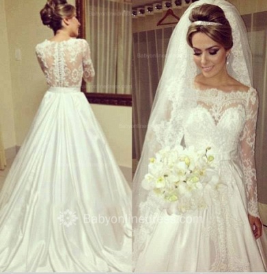 Bateau Satin Lace Wedding Dresses Long Sleeve Simple Bridal Gowns with Buttons_1