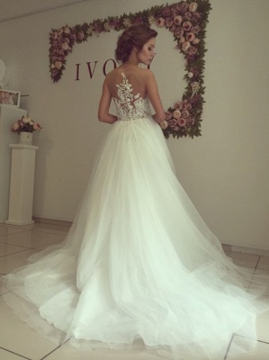 2021 A-line Wedding Dresses Sheer Lace Appliques Top Elegant Bridal Gowns_5