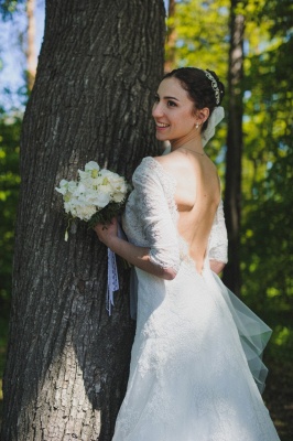 Half-sleeve Open-Back Lace Stunning Train Wedding Dresses_3