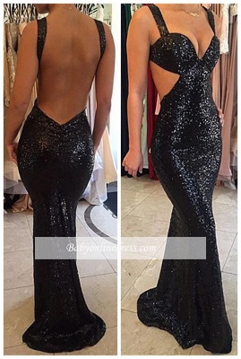 Mermaid Straps Sweep-Train Sexy Black Backless Prom Dresses_3
