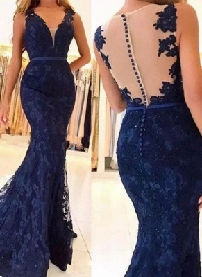 Modest Dark Navy Mermaid Prom Dresses | V-Neck Buttons Back Evening Gowns Bc0389_1