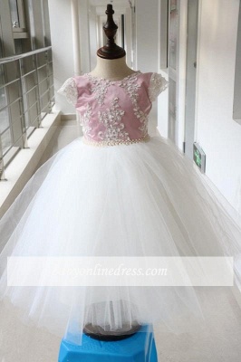 Pink Tulle Short-Sleeves Appliques Flower Gril Dresses with Beadings_3