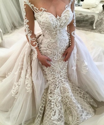 Gorgeous Long Sleeves Mermaid Wedding Dresses | Sexy Bridal Gowns with Overskirt_2
