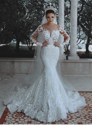 Gorgeous Long Sleeves Wedding Dresses | Appliques Beading Mermaid Bridal Gowns_1