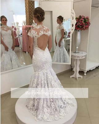 Mermaid Zipper Newest Lace Pearls High-Neck Appliques White Wedding Dress_1