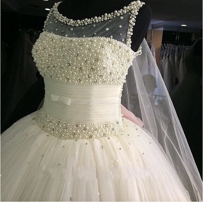 Gorgeous Princess Sleeveless Bridal Gowns Tulle Pearls Beadings Wedding Dresses_4