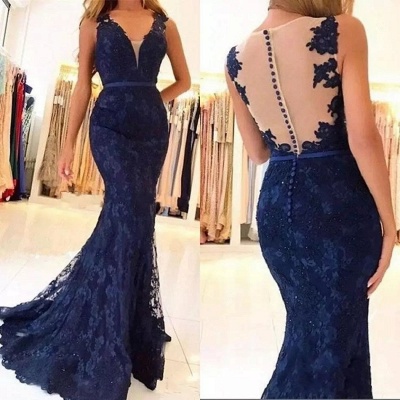 Modest Dark Navy Mermaid Prom Dresses | V-Neck Buttons Back Evening Gowns Bc0389_2