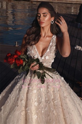 Elegant Sleeveless V-Neck Wedding Dress | Flowers Ball-Gown 2021 Bridal Gowns_1