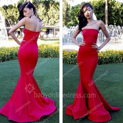 New Red Prom Dresses Strapless Mermaid Sleeveless Floor Length Simple Design Sexy Evening Gowns_3
