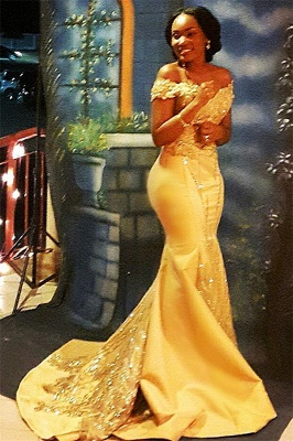 off-the-shoulder Mermaid Prom Dresses | Sexy Yellow Sequins Evening Gown_1