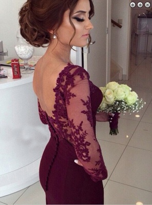 2021 Mermaid Evening Gowns Dark Red Long Sleeves Lace Open Back Long Wedding Party Dresses_3