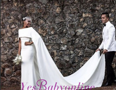 Simple White Mermaid Wedding Dresses | Bateau Neckline Long Cape Bridal Gowns_1