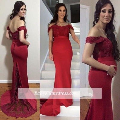 Red Mermaid Maternity Dresses | Elegant Off-the-Shoulder Baby Shower Gown_1