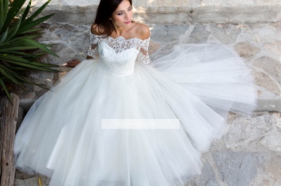 Half-sleeves Ball-Gown Lace Floor Length Simple Off-the-shoulder Wedding Dresses_1