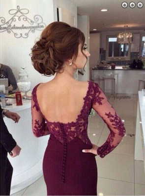2021 Mermaid Evening Gowns Dark Red Long Sleeves Lace Open Back Long Wedding Party Dresses_4