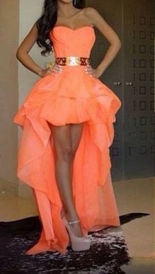 Sexy Hi-lo Orange Prom Dresses Sweetheart Gold Belt Asymmetrical A-line Homecoming Dresses_3