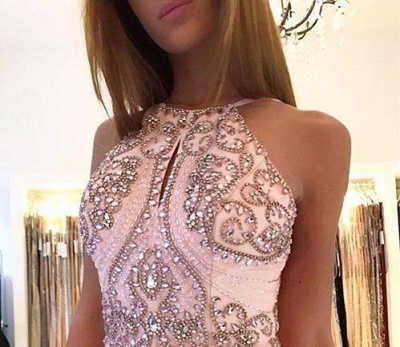 New Crystals Pink Prom Dresses | Halter Neck A-line Formal Dresses_4