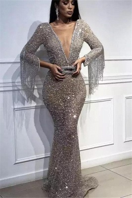 Shiny Tassels V-Neck Crystals Evening Gowns | Three-Quarter-Sleeves Mermaid Prom Dresses BC0627_1