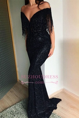 Charming Crew Sequins Cheap Black Tassels Prom Dresses | Sweep-Train Mermaid 2021 Evening Gowns_1