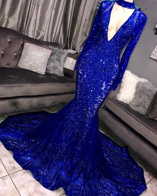 Glamorous Deep V-Neck Long Sleeves Prom Dresses | Lace Mermaid Applique Evening Gowns BC0842_2