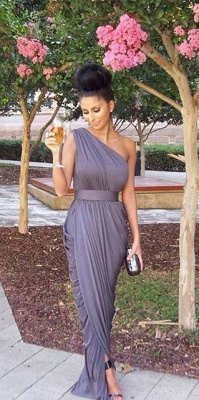 2021 One Shoulder Long Bridesmaid Dresses Grey Ruffles Formal Evening Gowns_1