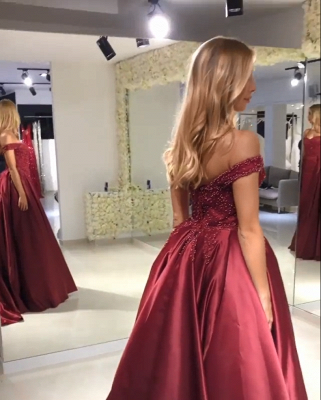 Gorgeous Burgundy Puffy Prom Dresses | Off The Shoulder Beads Over Skirt Evening Dresses_4