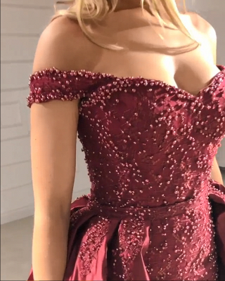 Gorgeous Burgundy Puffy Prom Dresses | Off The Shoulder Beads Over Skirt Evening Dresses_2